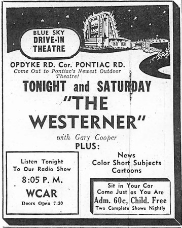 Blue Sky Drive-In Theatre - Ad From Oakland Press (newer photo)